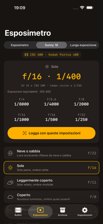 Modalità Sunny 16 dell'esposimetro con condizioni di luce e coppie tempo/diaframma