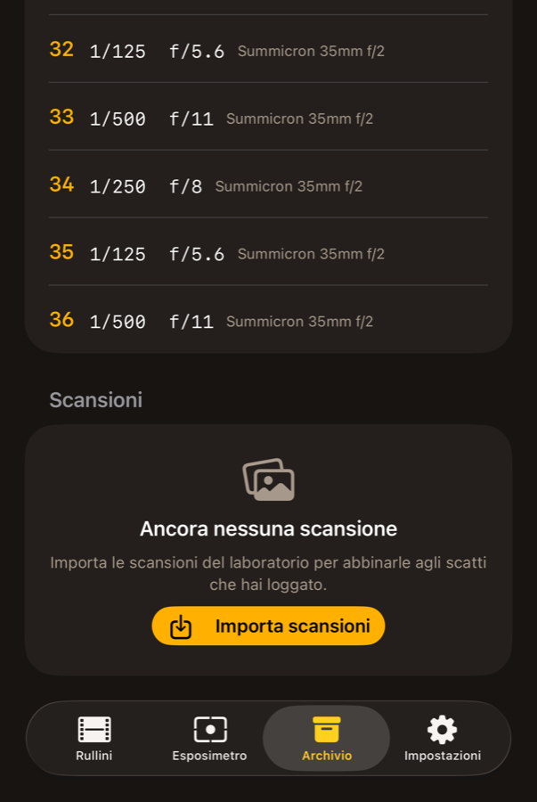 Sezione Scansioni di un rullo archiviato, pronta a importare e abbinare le scansioni ai fotogrammi loggati